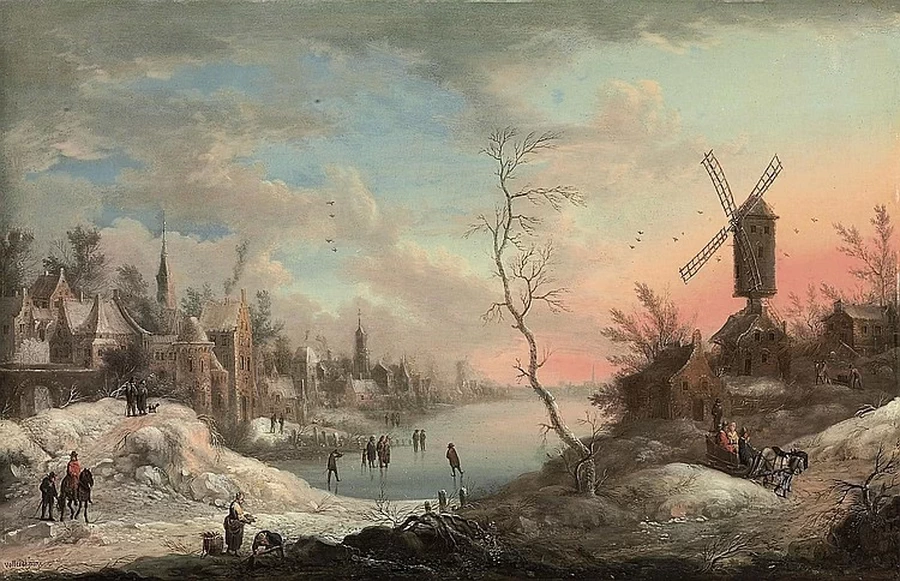 Johann Christian Vollerdt - 113, Un paesaggio invernale con pattinatori su un lago ghiacciato vicino a una città